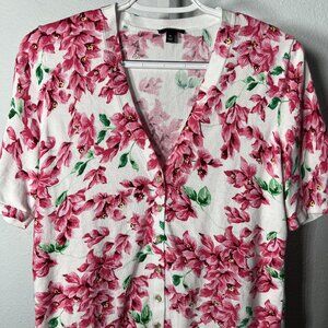 Talbots Summer Blossoms V-Neck Short-Sleeve Cardigan Sweater SZ Med